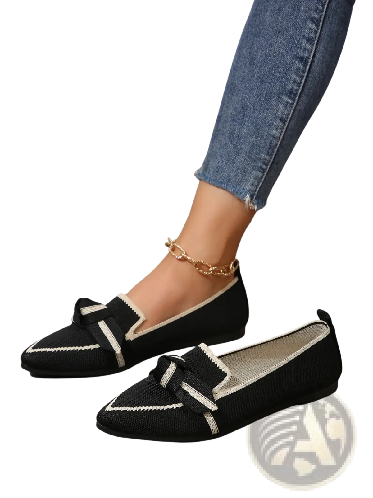 Pointed flat pumps in black woven material with cream trim and bow detail casual plus size shoes