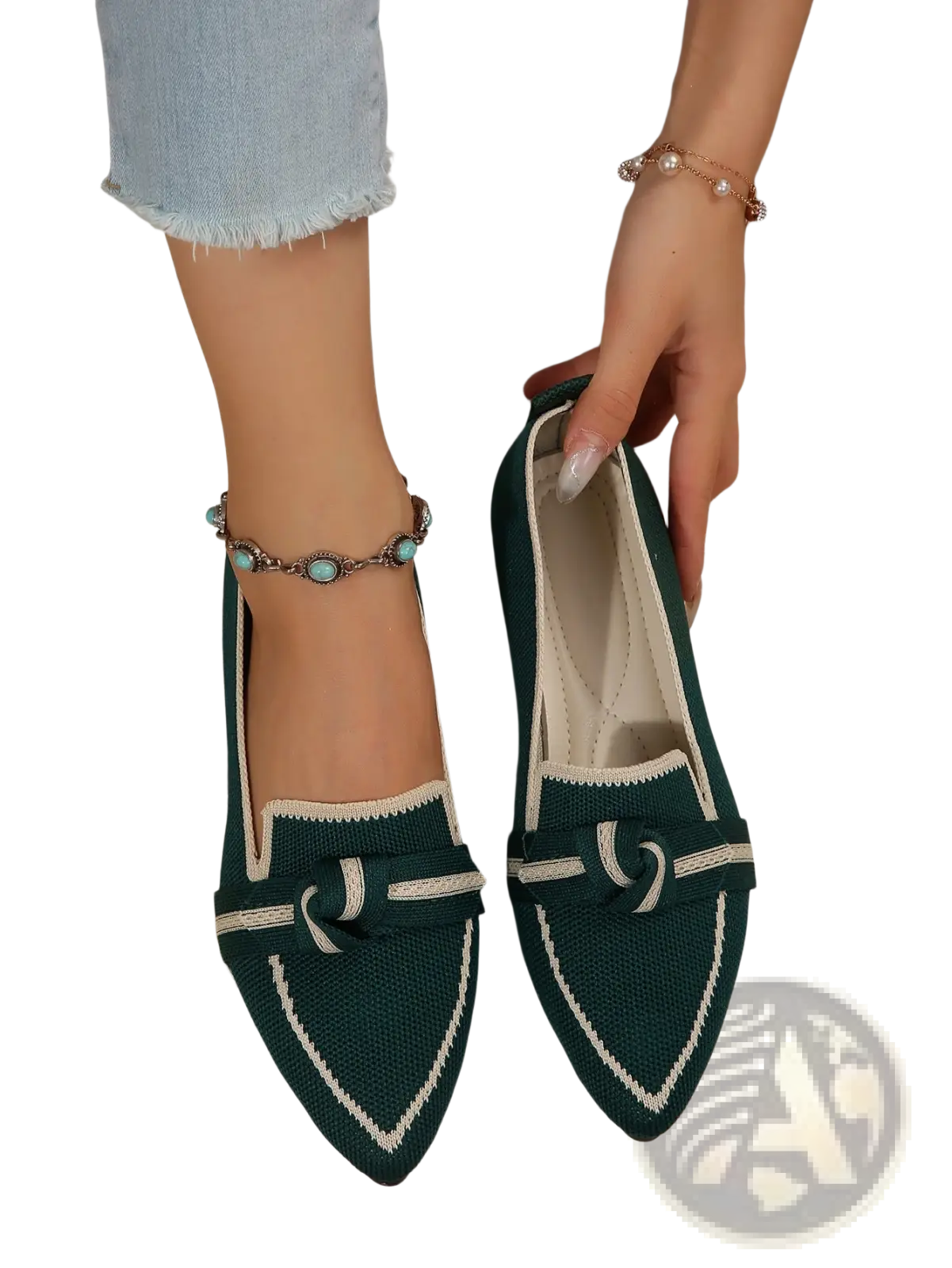 Dark green woven pointed flat pumps with white embroidery and bow detail for casual plus size wear