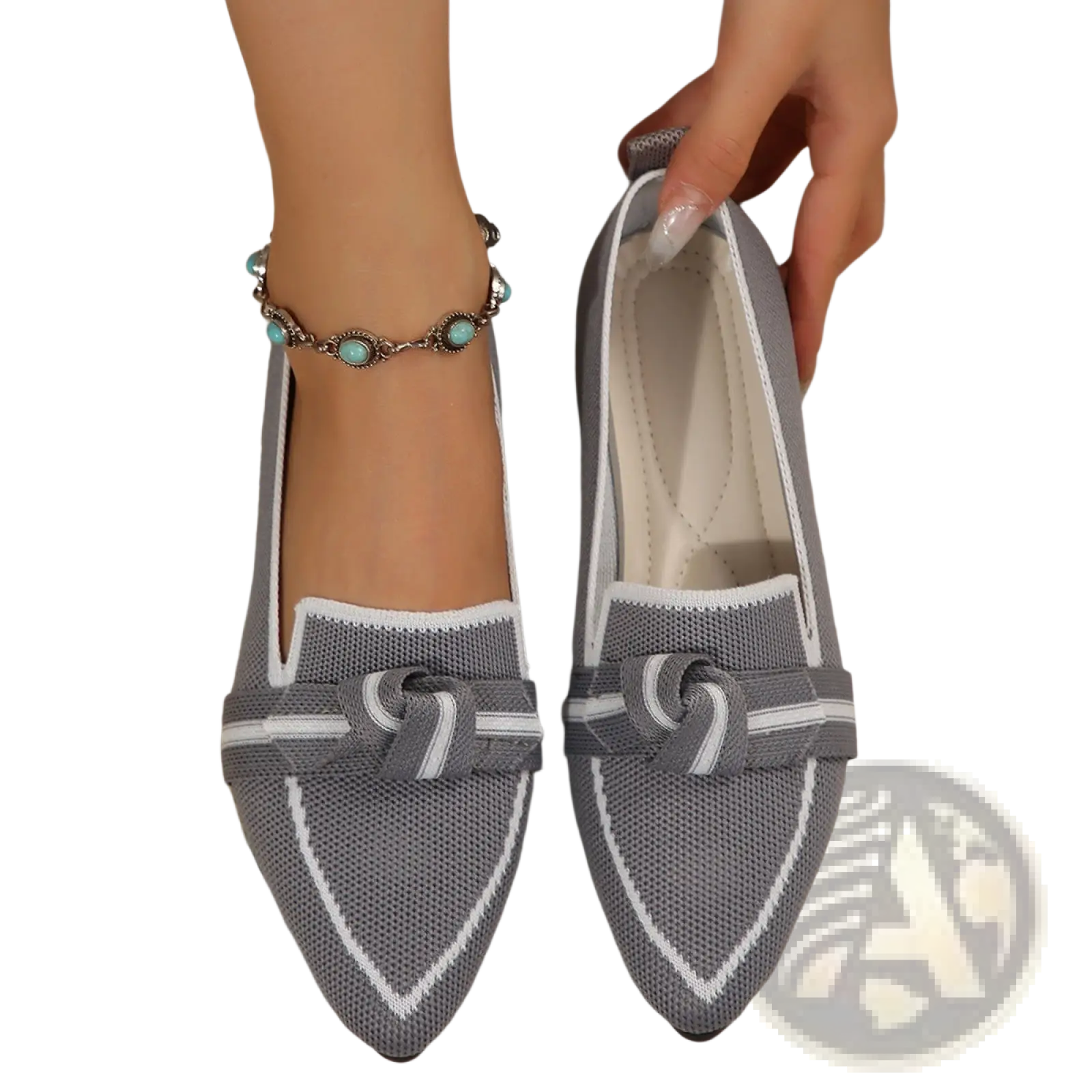 Gray knitted pointed flat pumps with white piping and decorative bow detail for casual plus size wear