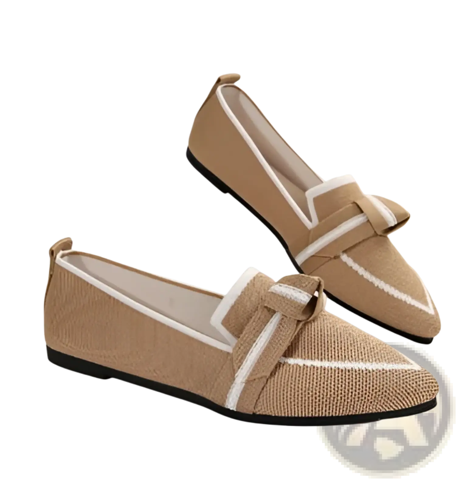 Beige woven pointed flat pumps with white striped accents and bow detail casual plus size shoes