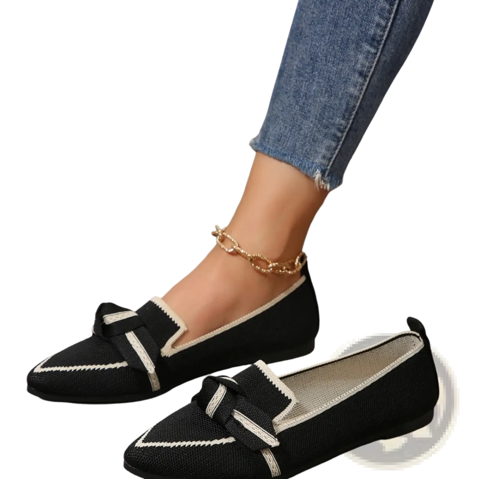 Black knit pointed flat pumps with white stitched details and bow accent casual plus size shoes