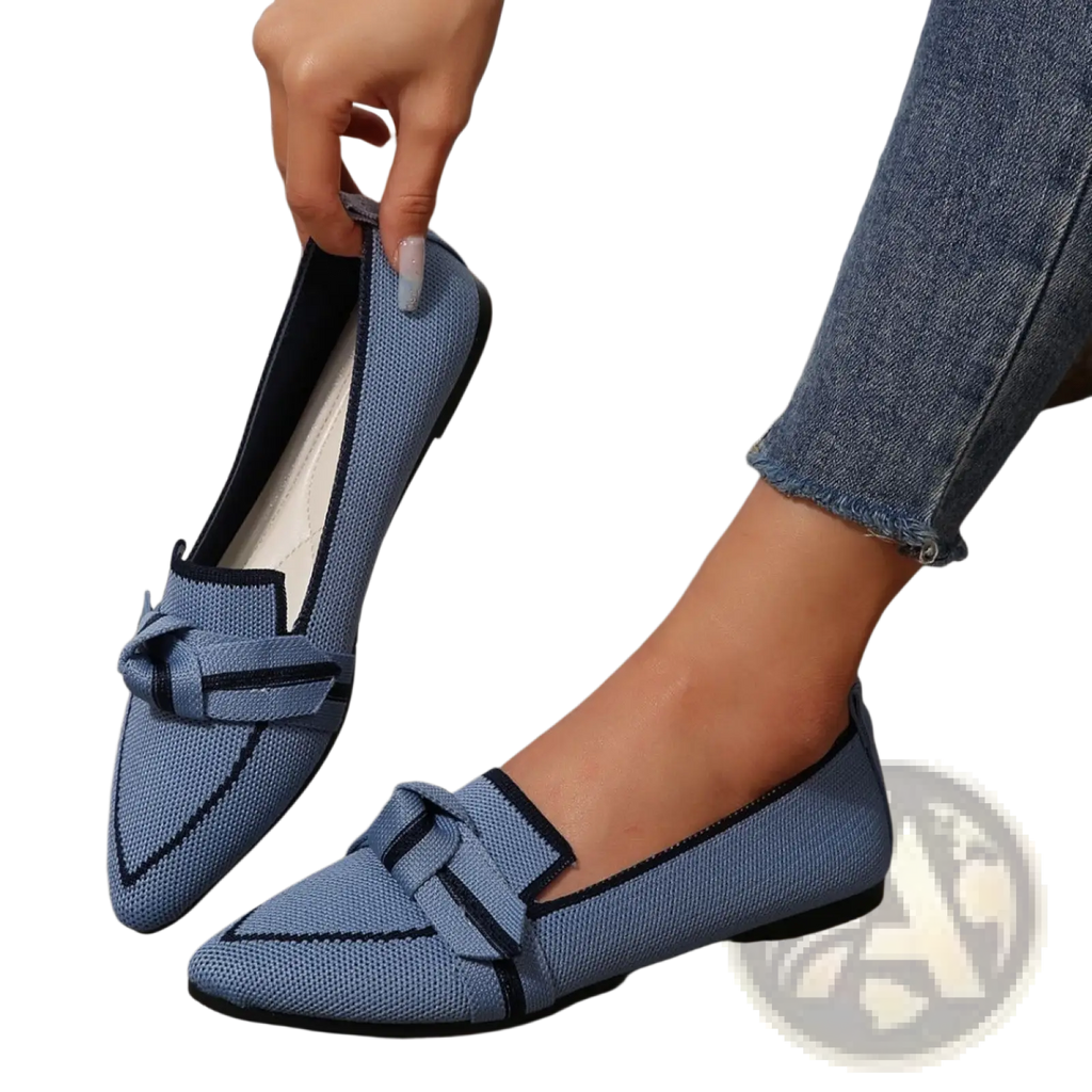 Pointed flat pumps casual plus size shoes in blue woven material with matching bow and black trim detail