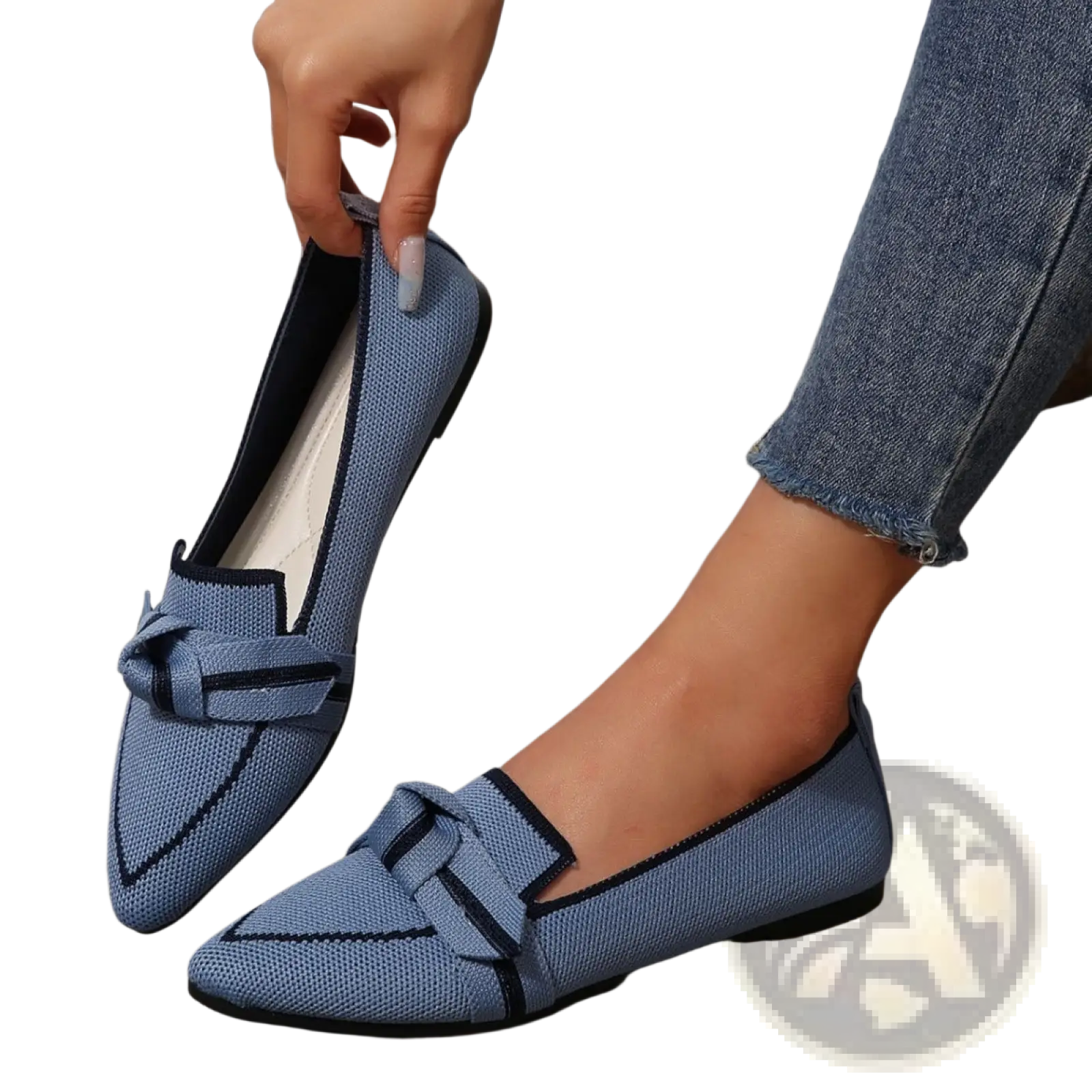 Pointed flat pumps casual plus size shoes in blue woven material with matching bow and black trim detail