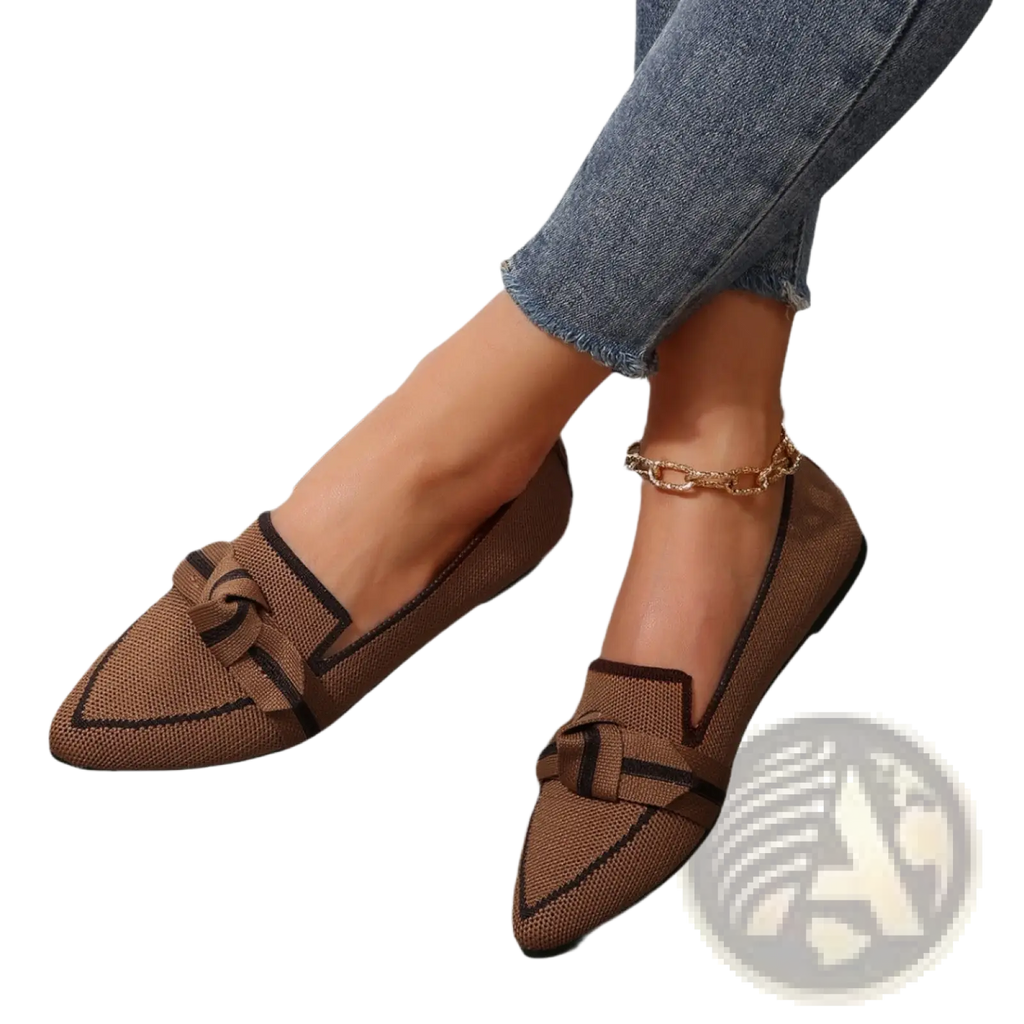 Brown knitted pointed flat pumps with black bow detail and contrasting stitching casual plus size shoes