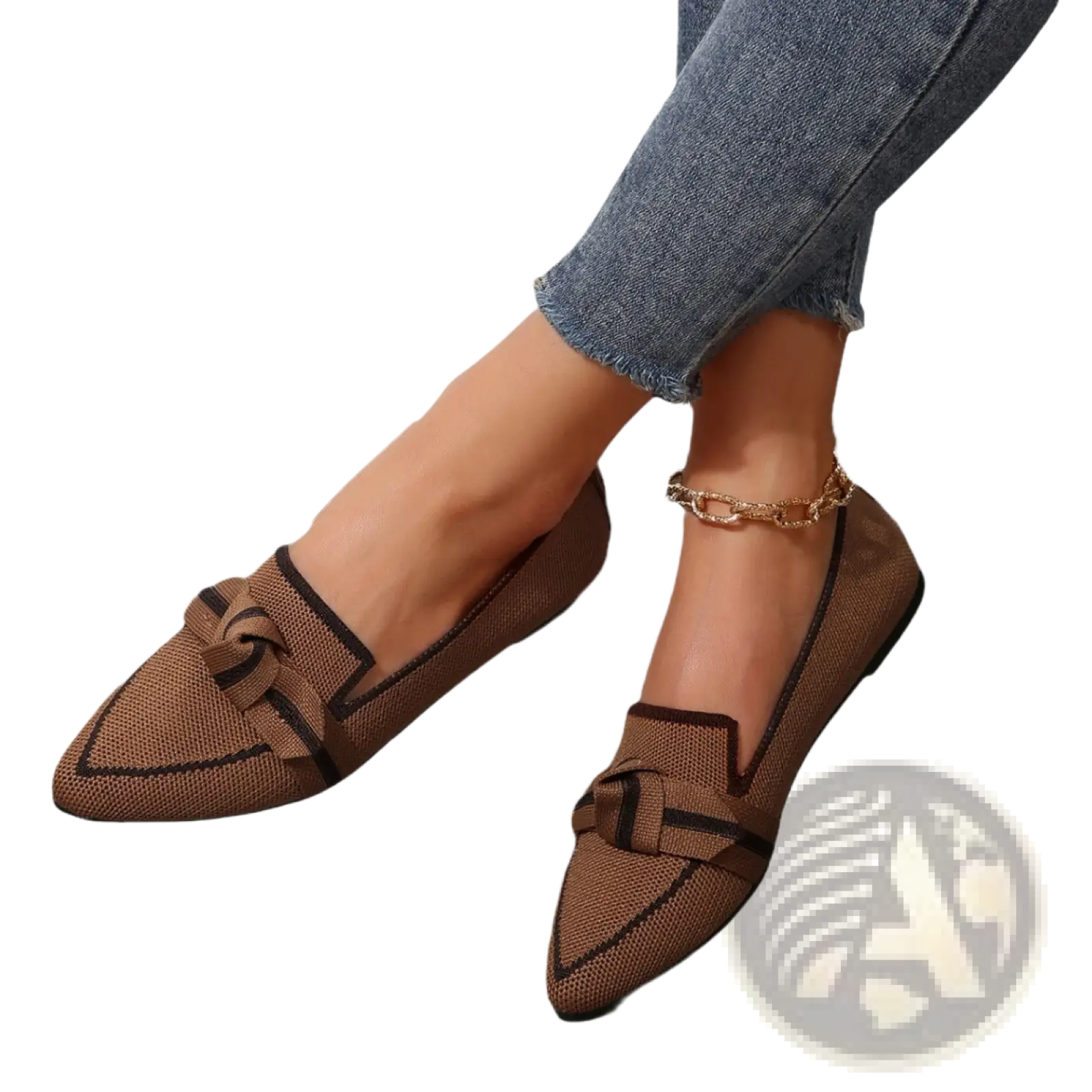 Brown knitted pointed flat pumps with black bow detail and contrasting stitching casual plus size shoes