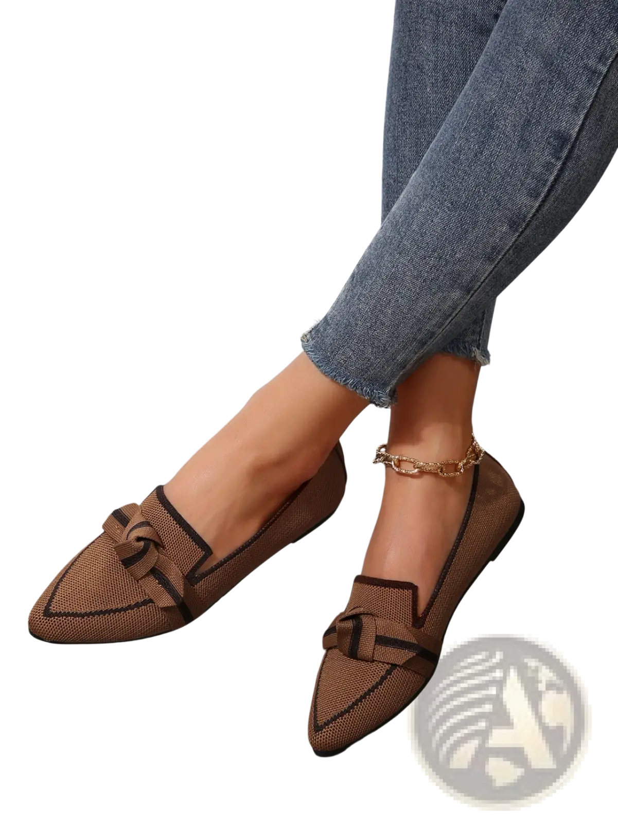 Brown woven loafers with black trim and decorative knot detail as pointed flat pumps casual plus size shoes