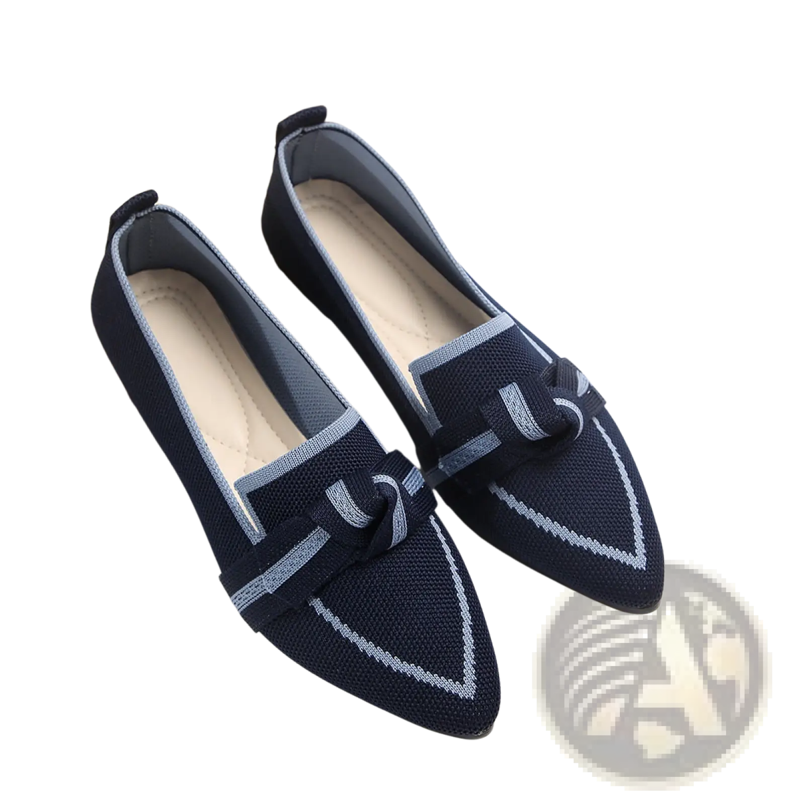 Navy blue knitted pointed flat pumps with light gray trim and bow detail casual plus size shoes
