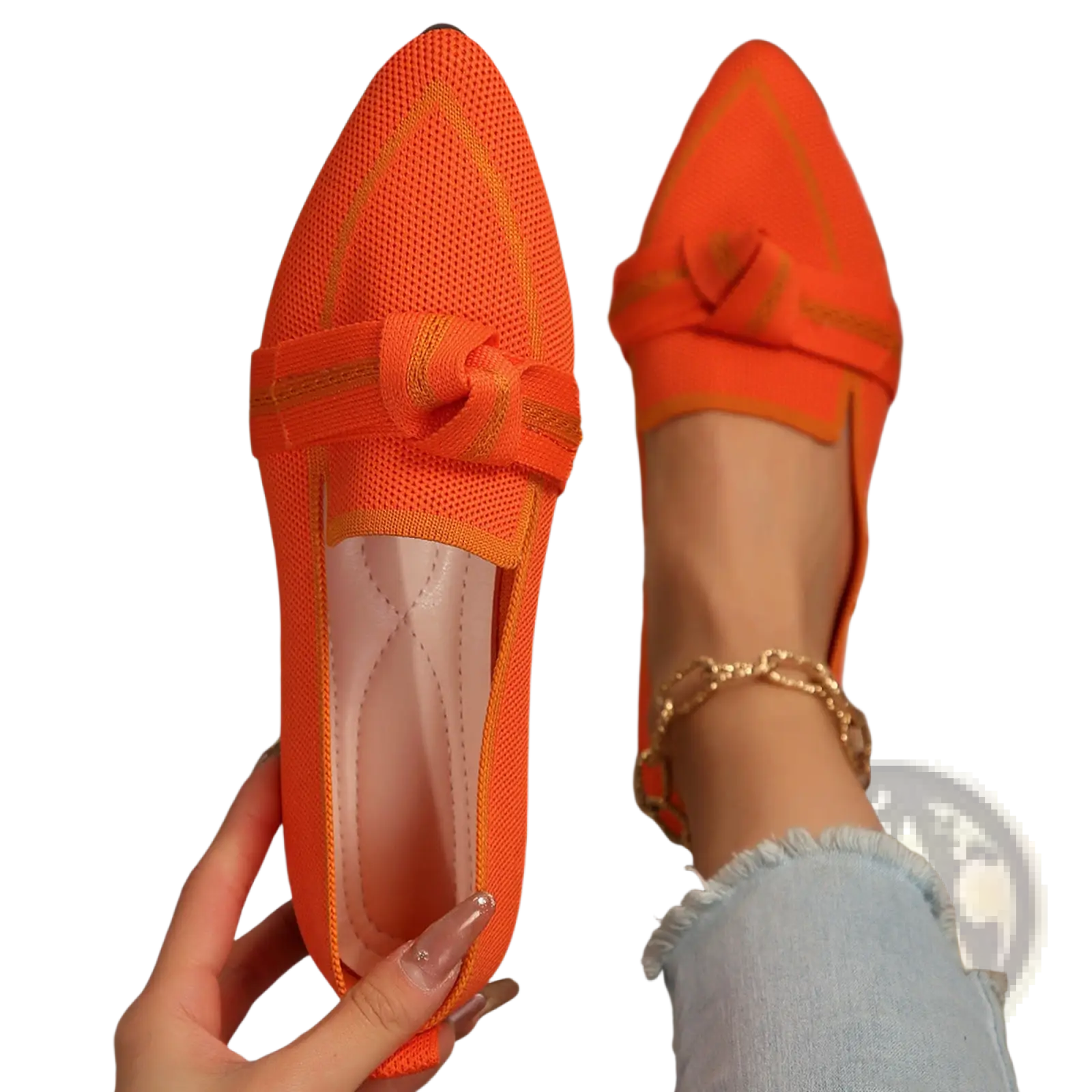 Bright orange mesh pointed flat pumps with bow detail and knotted strap across the toe for casual plus size wear