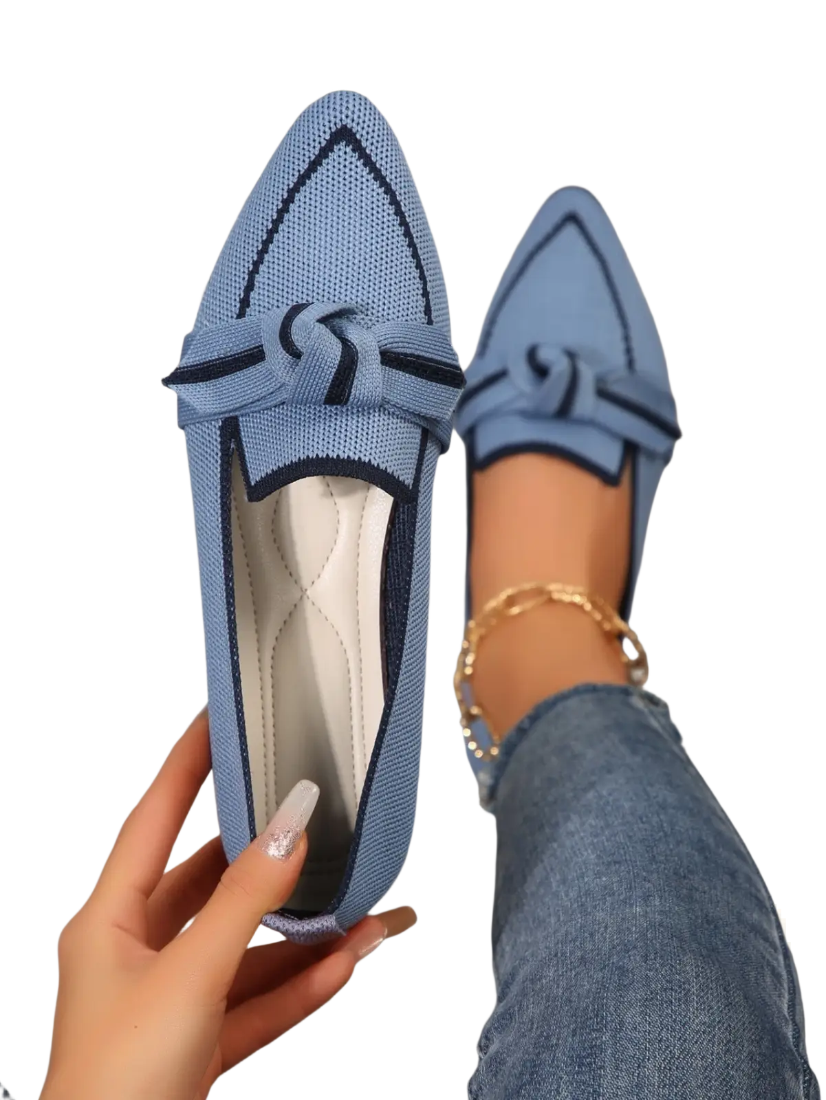 Light blue knitted pointed flat pumps with navy bow detail casual plus size shoes