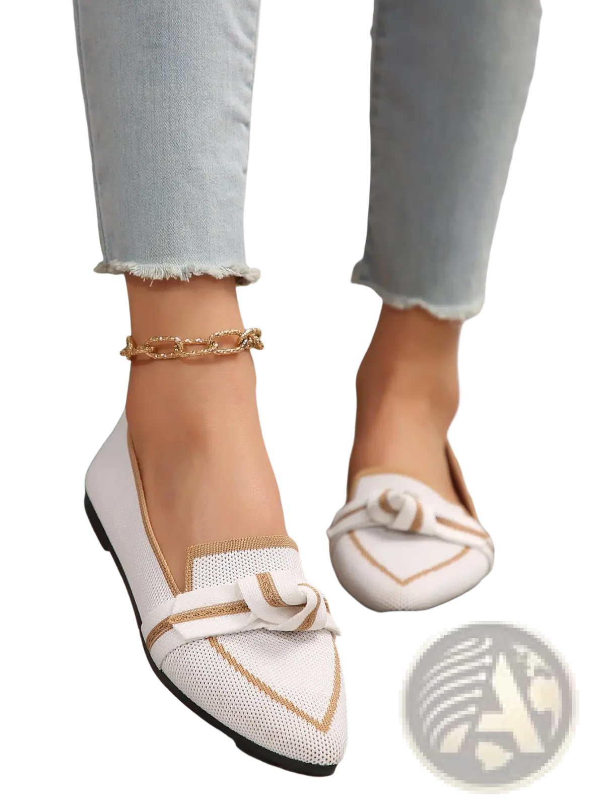 White pointed flat pumps with gold trim and decorative bow detail for casual plus size wear