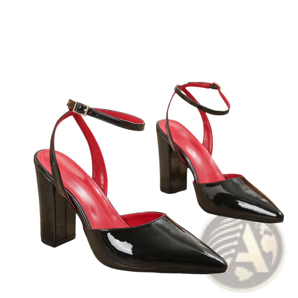 Pointed toe ankle strap chunky heel pumps in black patent leather with red interior lining and ankle straps