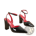 Pointed toe ankle strap chunky heel pumps in black patent leather with red interior lining and ankle straps