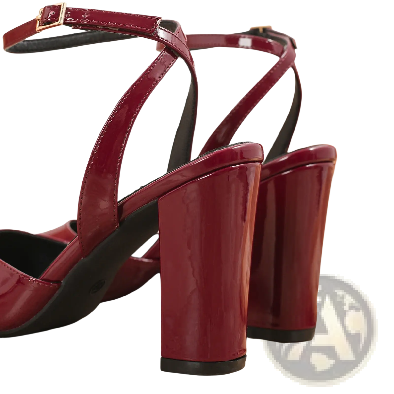 Pointed toe ankle strap chunky heel pumps in burgundy patent leather with strappy design and gold-tone buckle detail