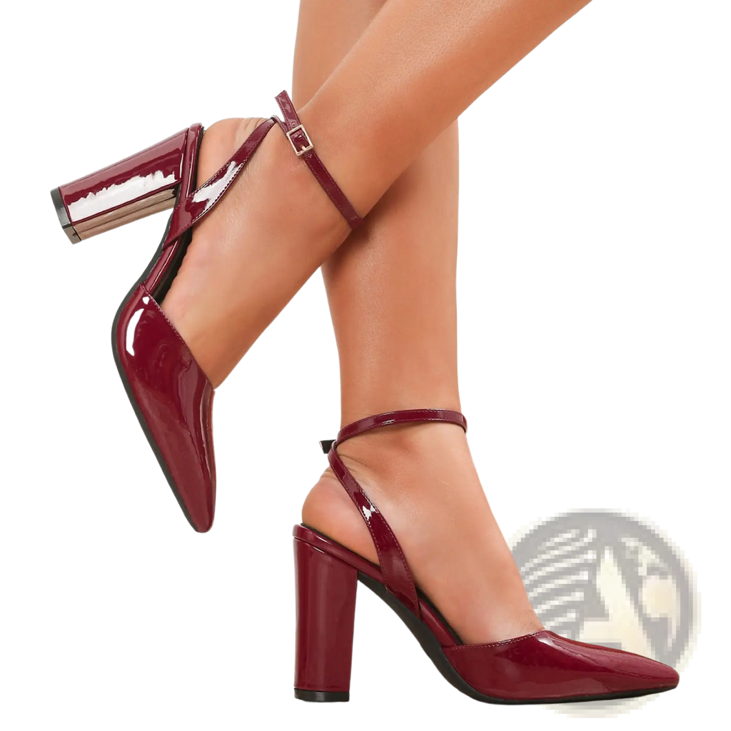 Pointed toe ankle strap chunky heel pumps in burgundy patent leather with block heel and metallic buckle detail