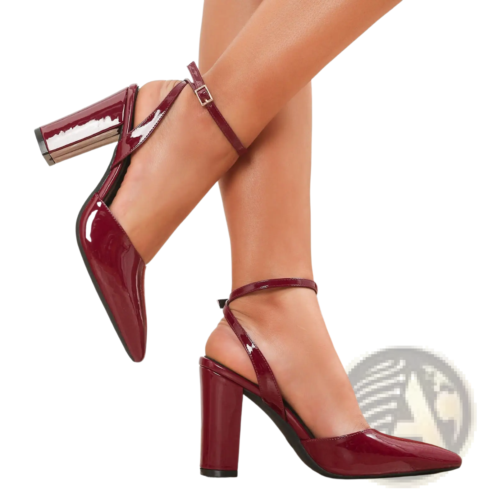 Pointed toe ankle strap chunky heel pumps in burgundy patent leather with block heel and metallic buckle detail