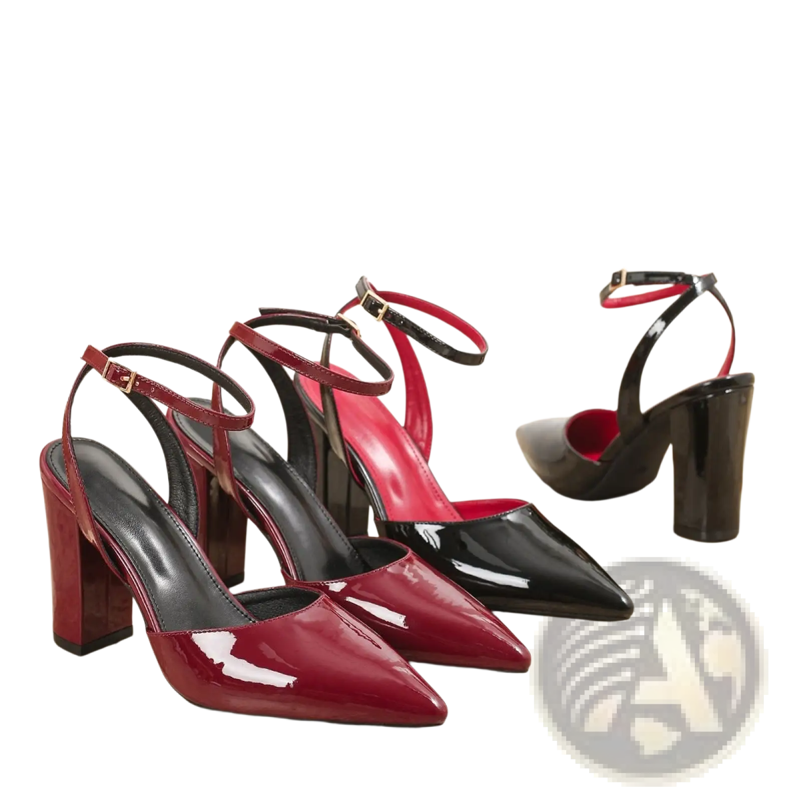 Pointed toe ankle strap chunky heel pumps in red and black patent leather with ankle straps and high heels
