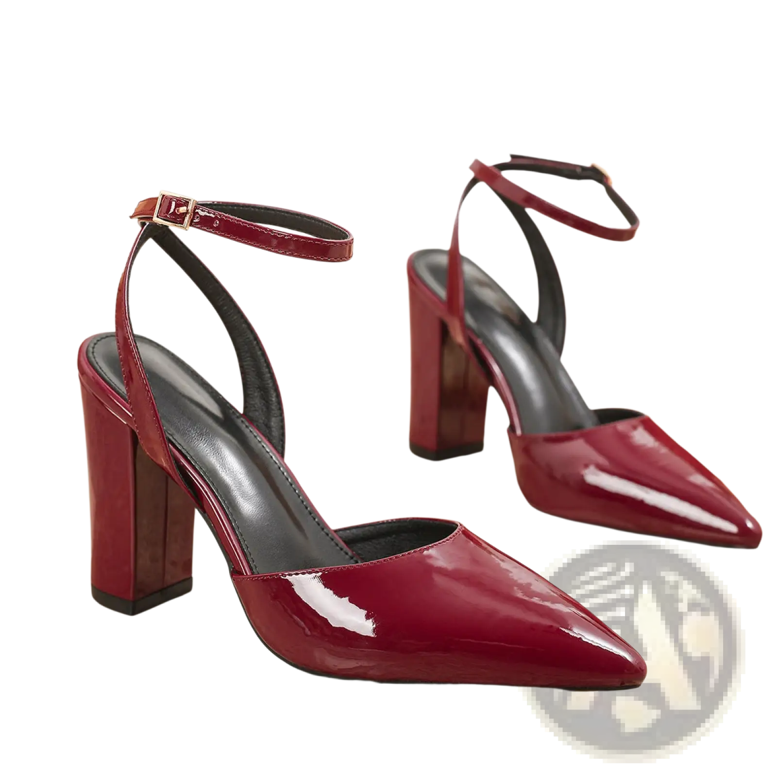 Burgundy patent leather pointed toe high heel sandals with block heel and ankle strap shown from the back side
