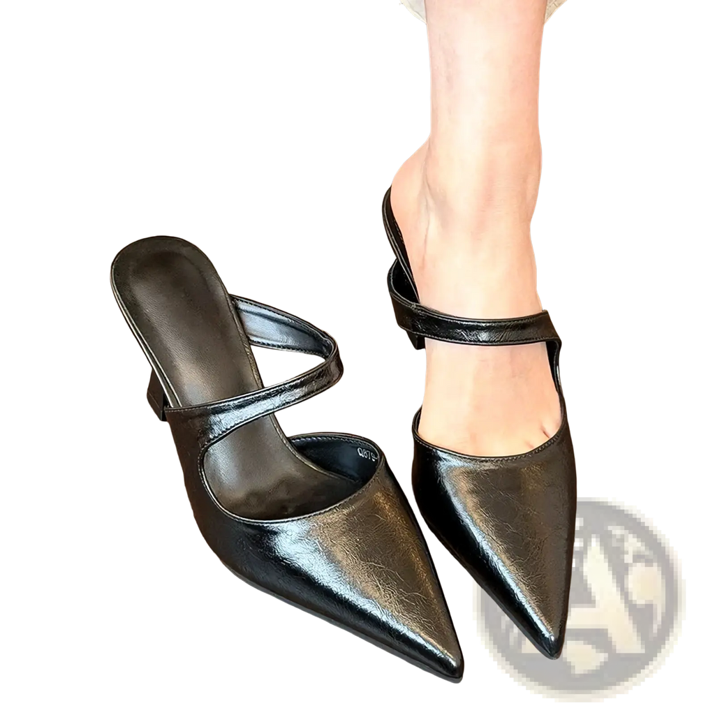 Pointed toe black leather mules with patent finish and ankle strap for stylish formal wear