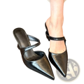Pointed toe black leather mules with patent finish and ankle strap for stylish formal wear