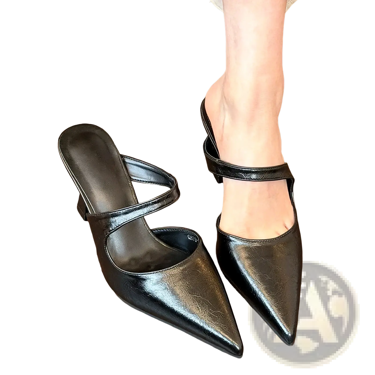 Pointed toe black leather mules with patent finish and ankle strap for stylish formal wear