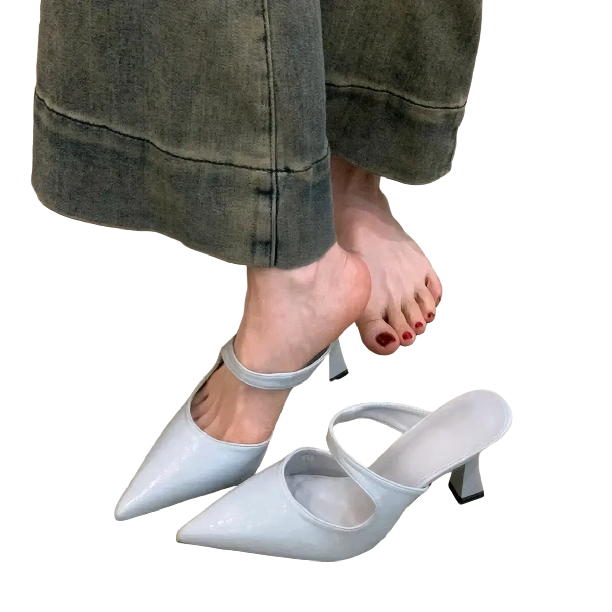 Pointed toe leather mules in light blue patent with sleek pointed toe and thin ankle strap