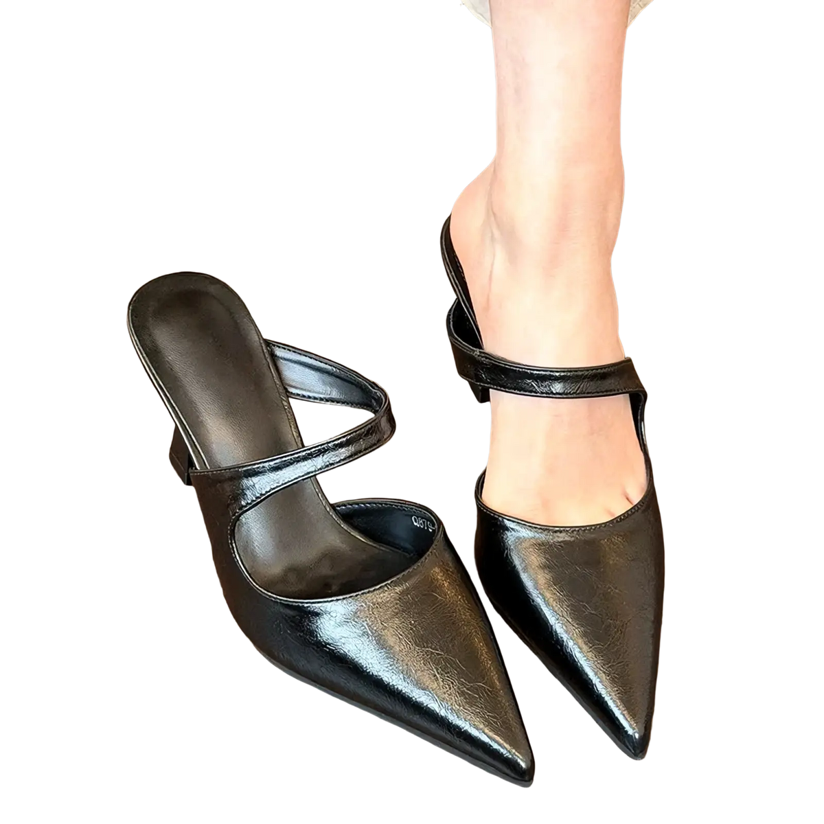 Pointed toe black leather mules with patent finish and ankle strap for stylish formal wear