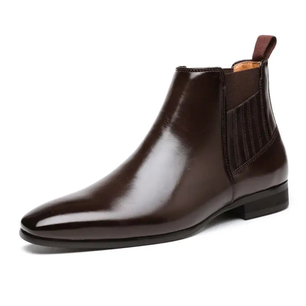 Men’s formal pointed toe leather Chelsea boots in polished dark brown with elastic side panels