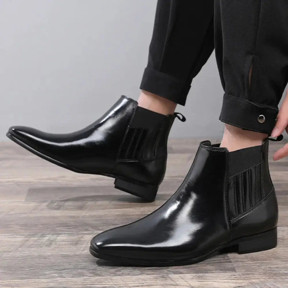 Men’s formal pointed toe black patent leather Chelsea boots with elastic side panels and low block heel