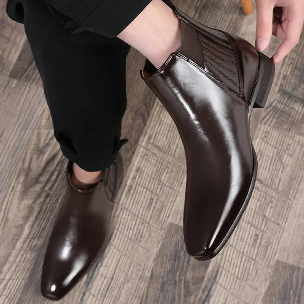 Men’s formal pointed toe leather Chelsea boot in shiny dark brown with elastic side panels