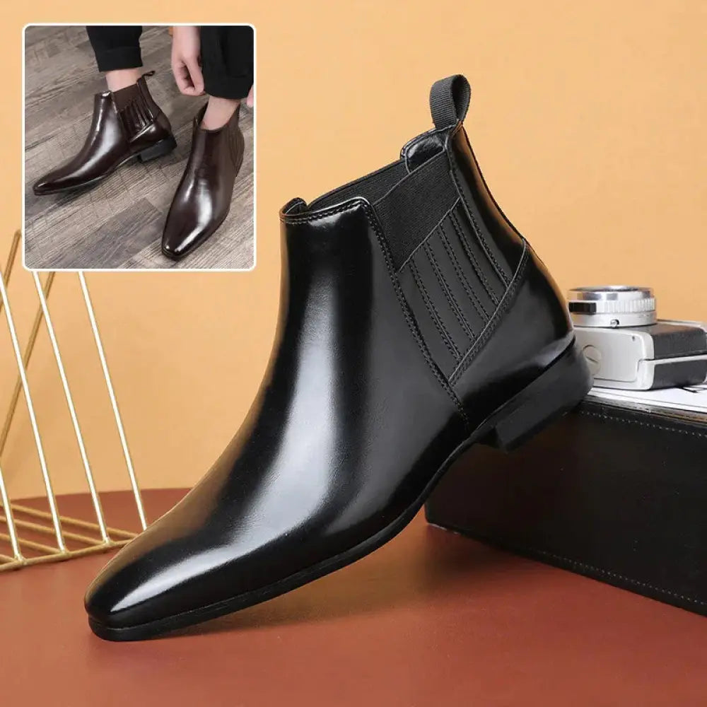Men’s formal black patent leather chelsea boots with elastic side panels and a sleek pointed toe design