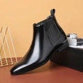 Men’s formal black patent leather chelsea boots with pointed toe and elastic side panels