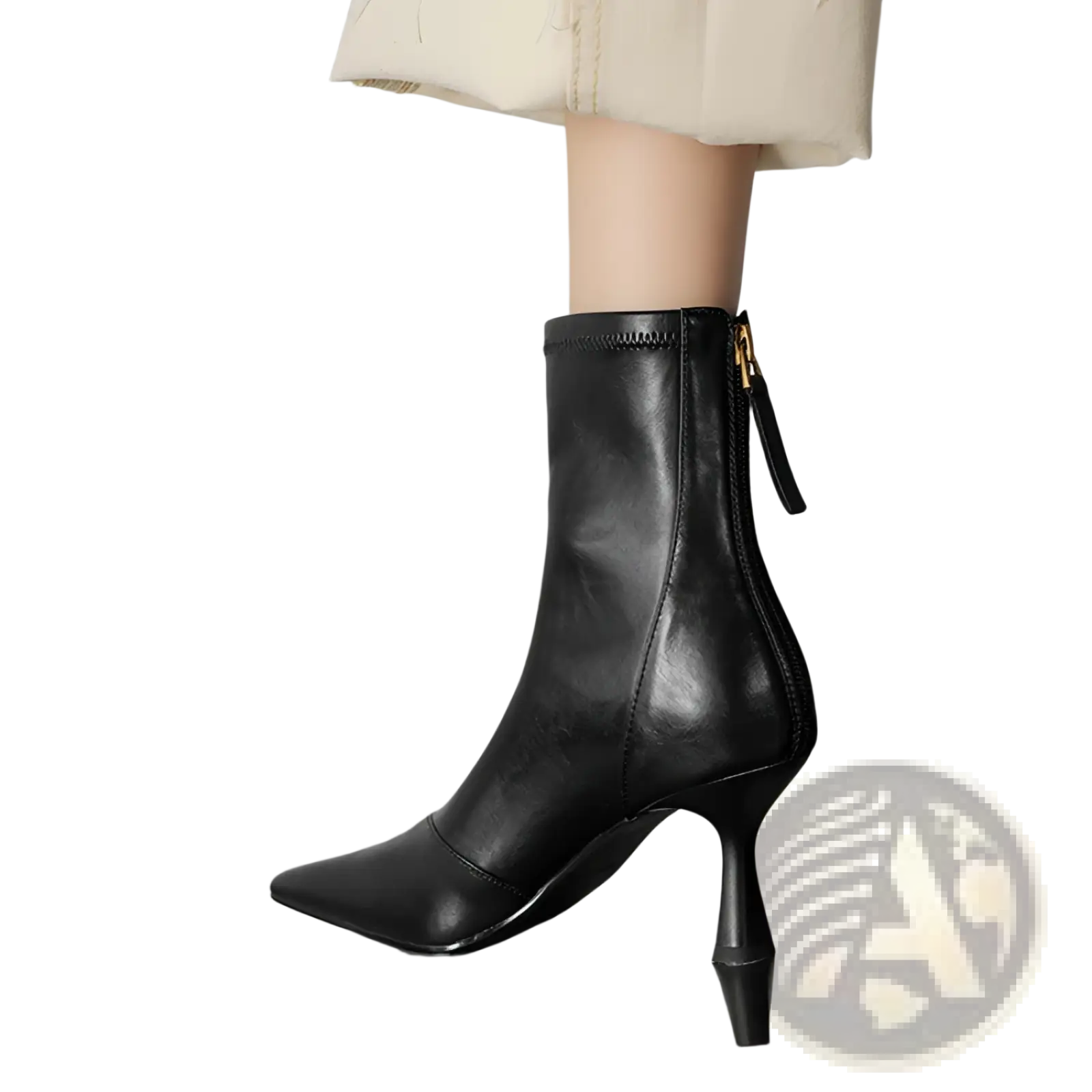 Black leather pointed toe cowhide stiletto ankle boot with slim high heel and side zipper for stylish wear