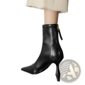 Black leather pointed toe cowhide stiletto ankle boot with slim high heel and side zipper for stylish wear