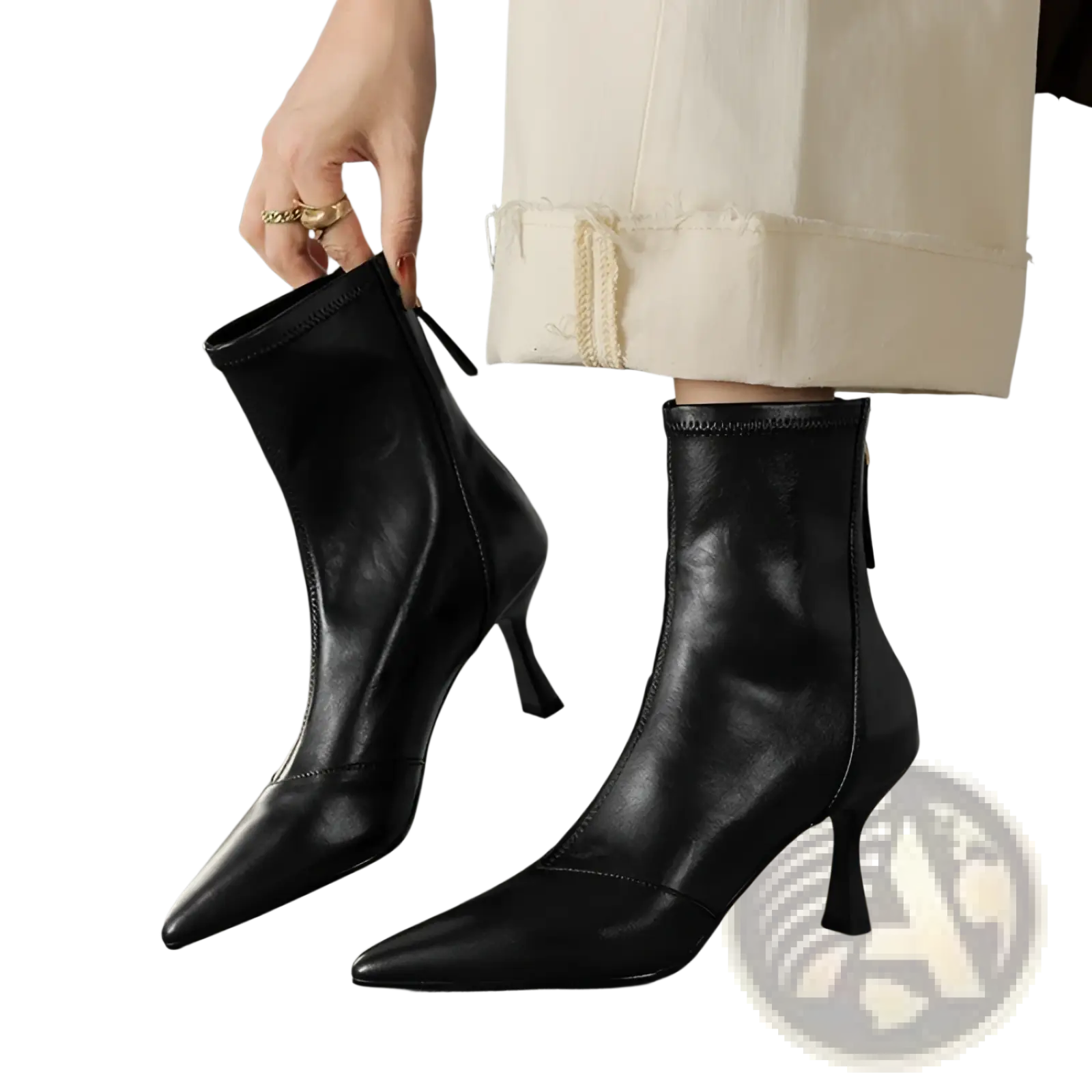 Black leather cowhide ankle boots with pointed toe, slim stiletto heel, and side zipper closure