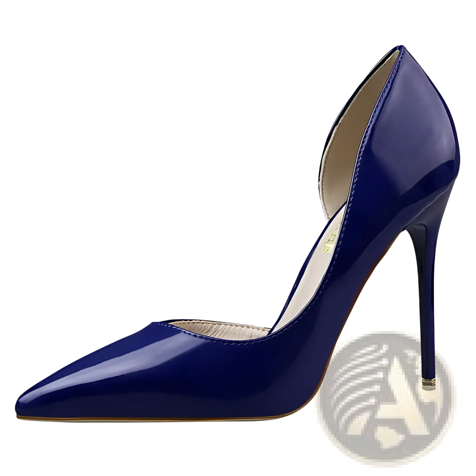 Deep blue patent leather pointed toe dorsay high heel pump with an open side cutout for elegant wear