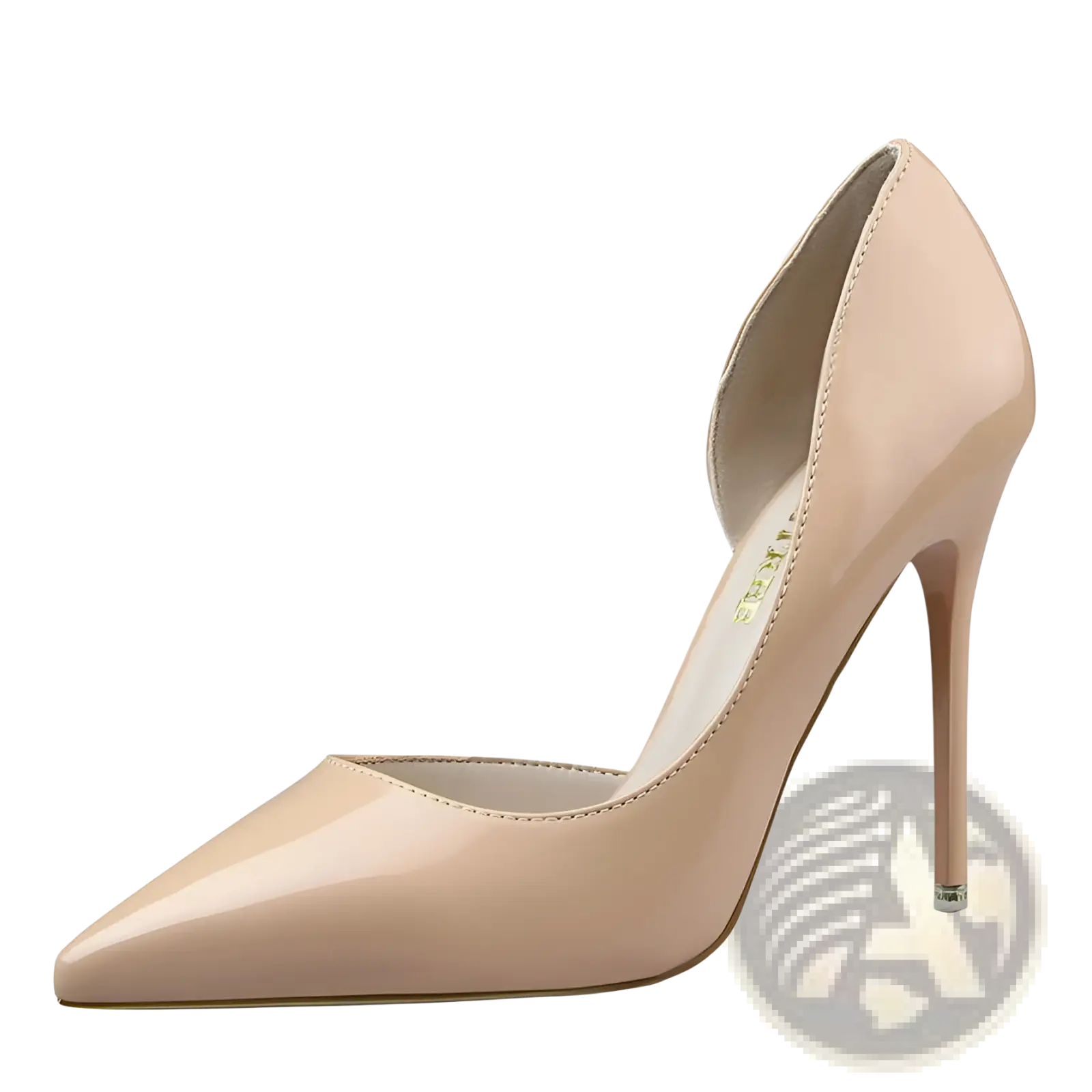 Beige patent leather pointed toe dorsay high heel pump with slender stiletto sole and peep-toe design