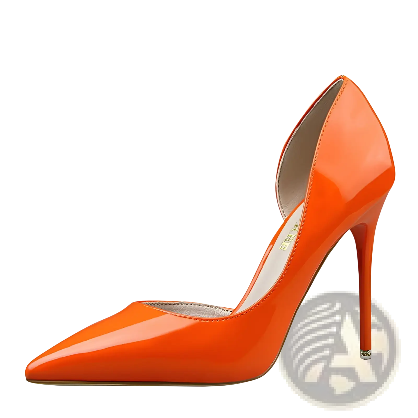 Vibrant orange patent leather pointed toe dorsay high heel pump with a slender heel for elegant wear