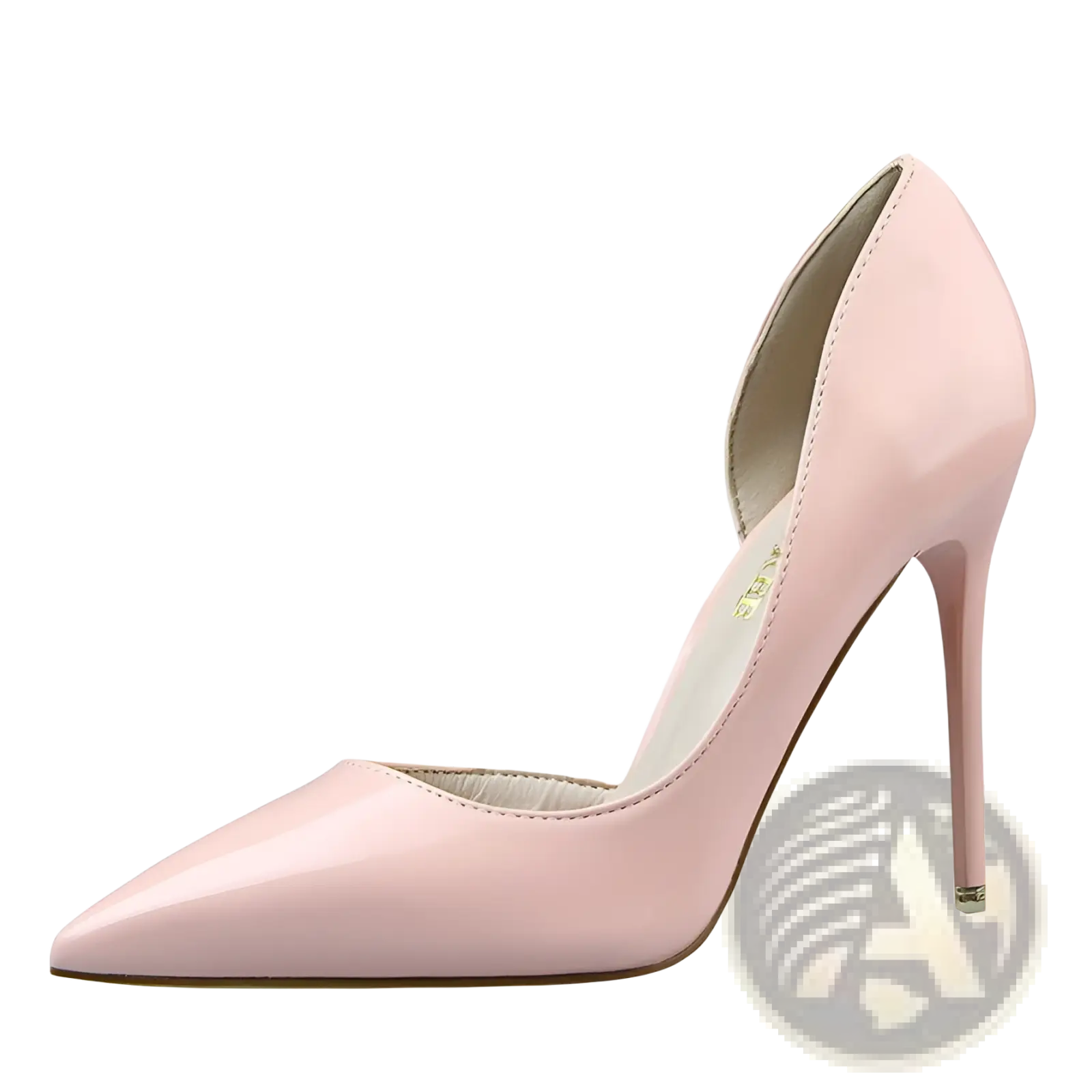 A sleek glossy pink patent leather pointed toe d’orsay high heel pump with an open back design