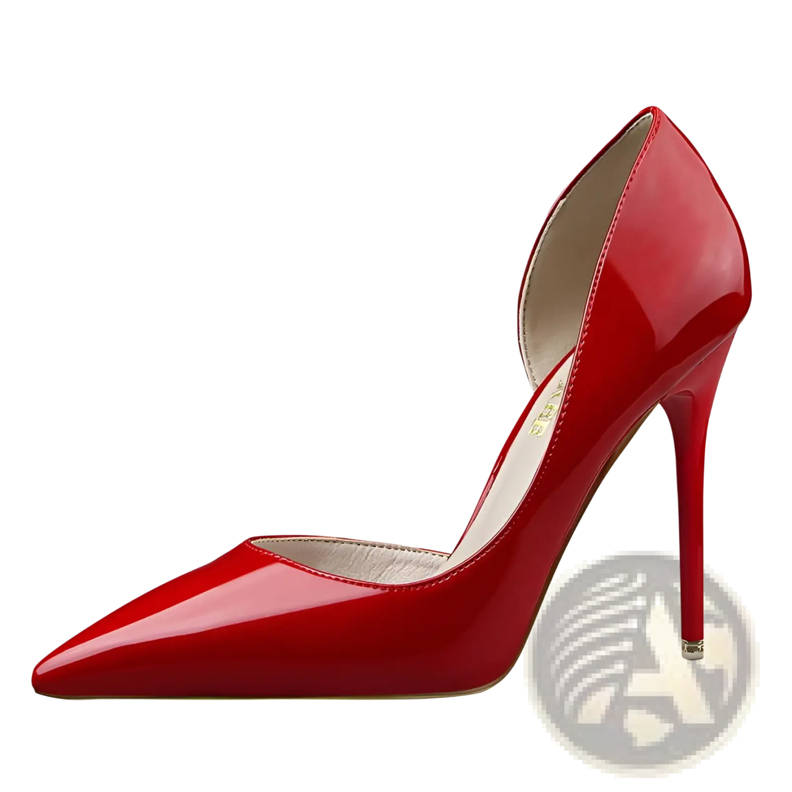 A glossy red patent leather pointed toe Dorsay high heel pump with an open side cutout