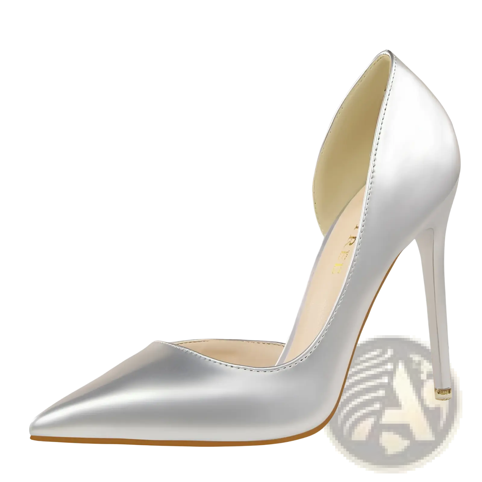 Silver satin pointed toe dorsay high heel pump with thin stiletto heel made of patent leather for elegant wear