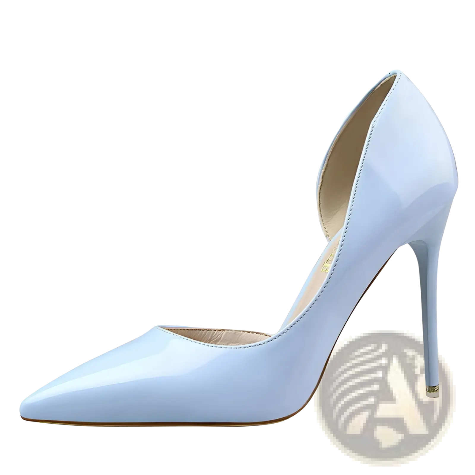 Light blue patent leather pointed toe dorsay high heel pump with an open back shown from the back side