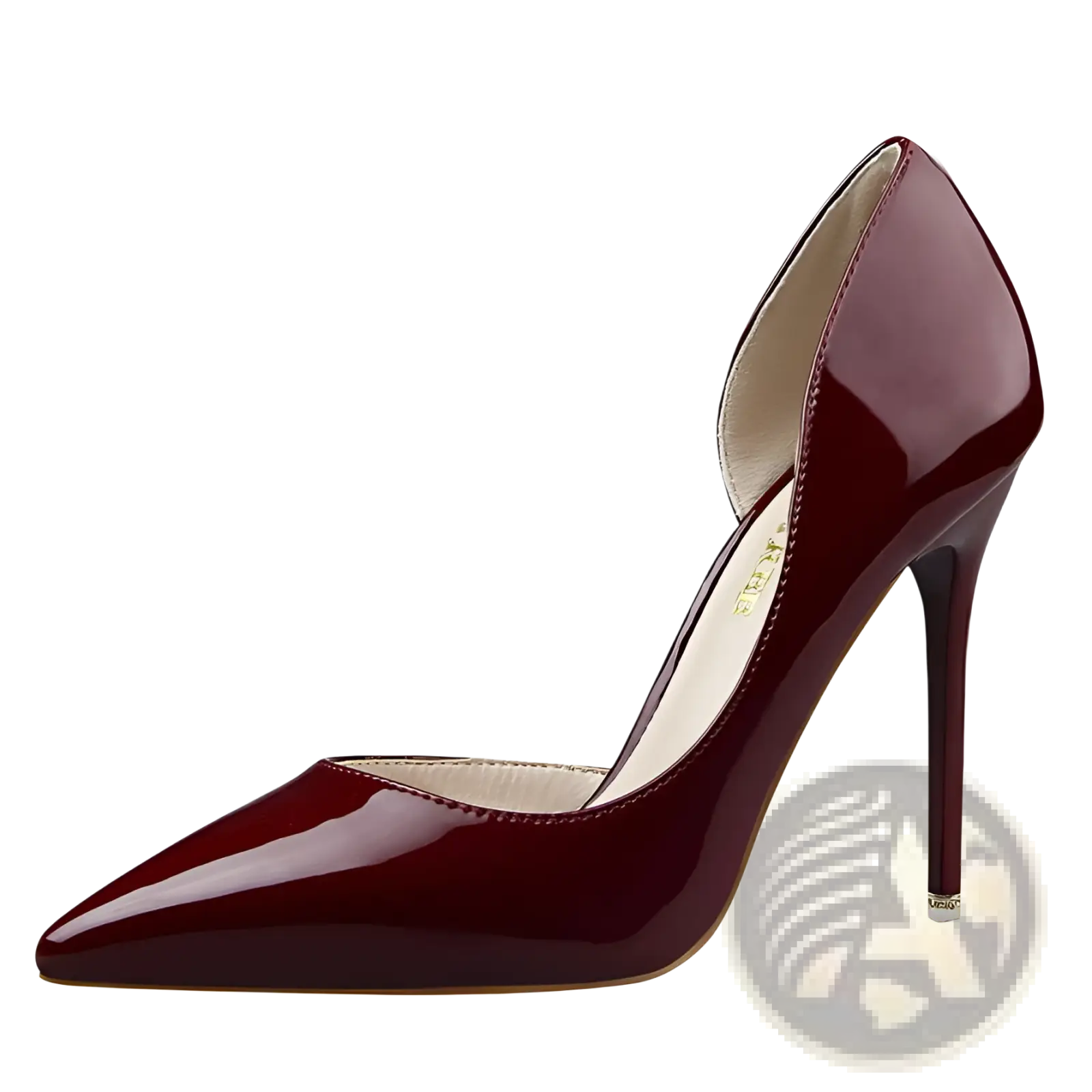 Burgundy patent leather pointed toe dorsay high heel pump with slender stiletto heel in a formal design