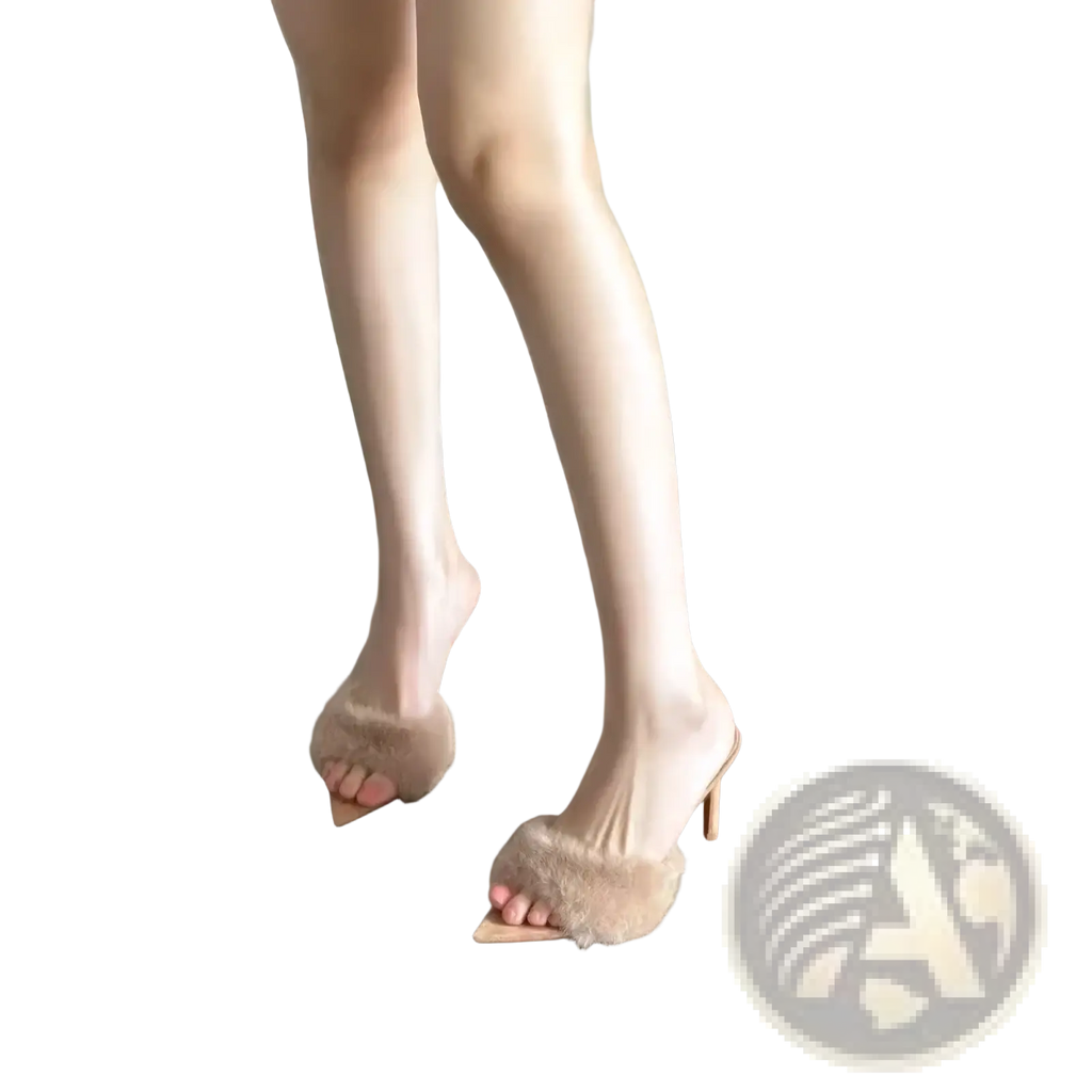 Beige pointed toe fuzzy mule heels with slender wooden heel and soft textured material for stylish wear