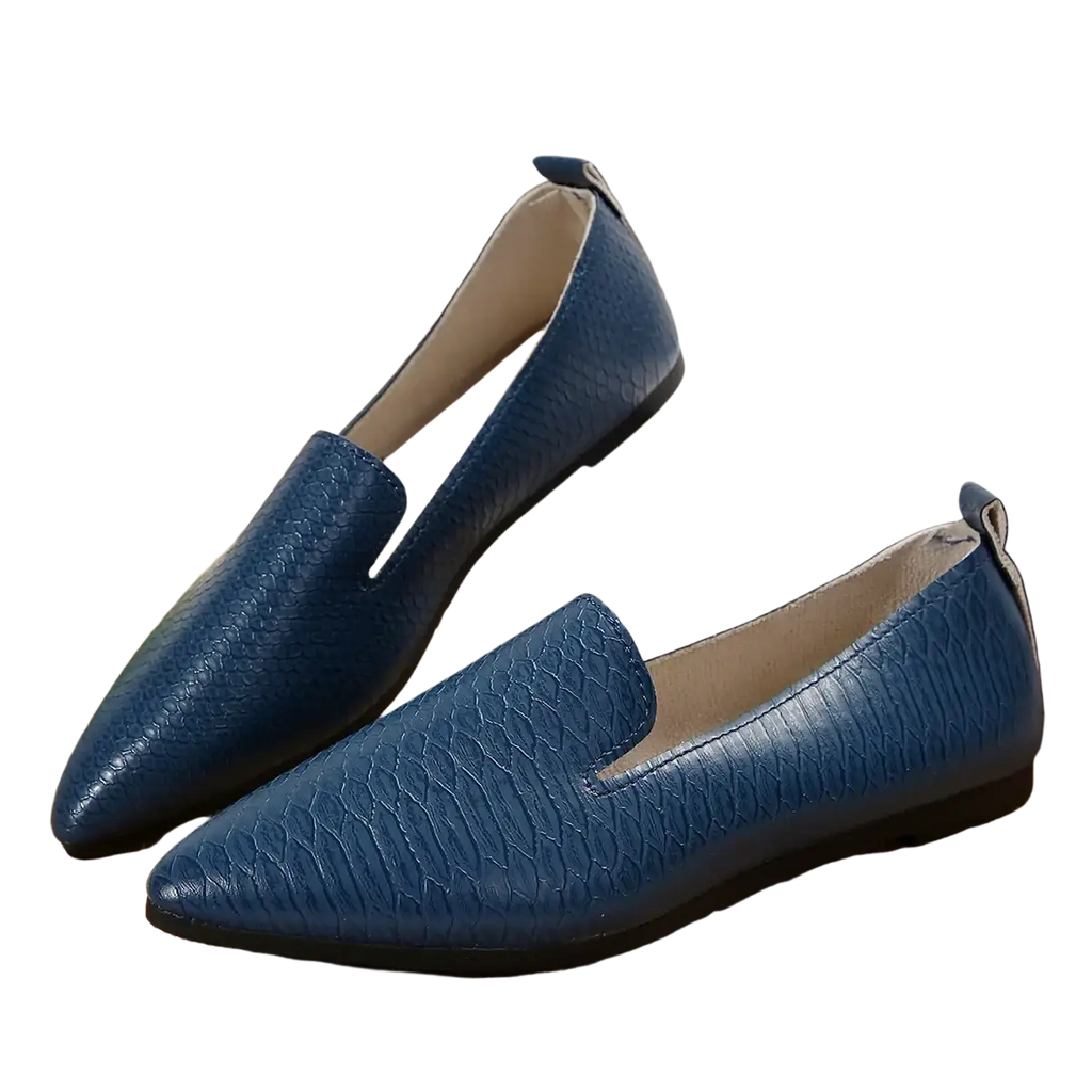 Blue crocodile-textured leather pointed toe loafers slip on flats with a sleek design for formal and casual wear