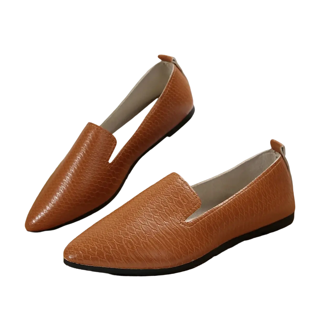 Pointed toe leather flats slip on loafers in tan crocodile embossed leather with black soles
