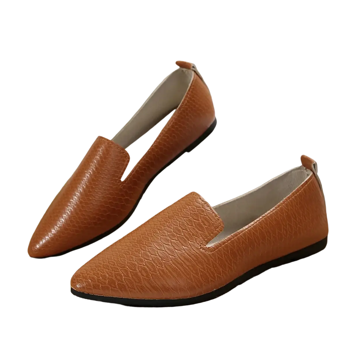 Pointed toe leather flats slip on loafers in tan crocodile embossed leather with black soles