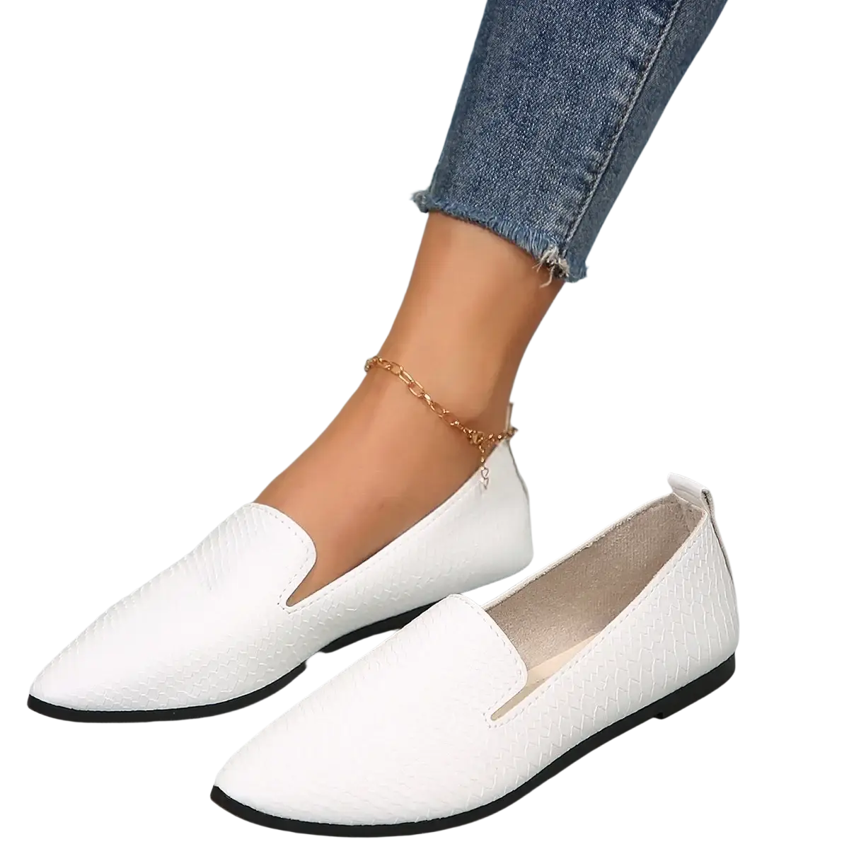 White snake-print leather pointed toe flats slip on loafers with black soles for stylish everyday wear