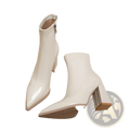 White patent leather ankle boots with a pointed toe and block heel suitable for stylish wear