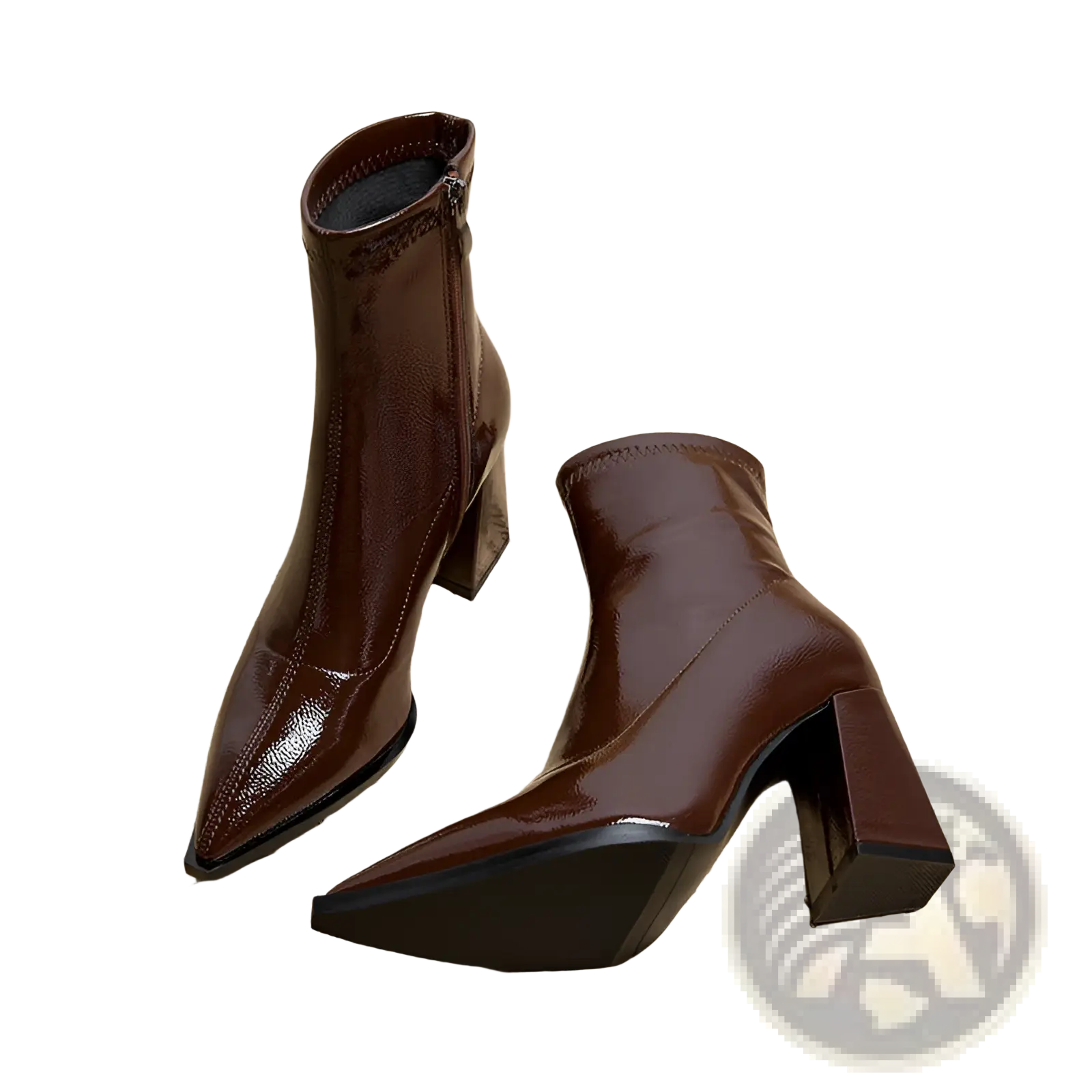Burgundy patent leather ankle boots with pointed toe and block heel shown from the back side