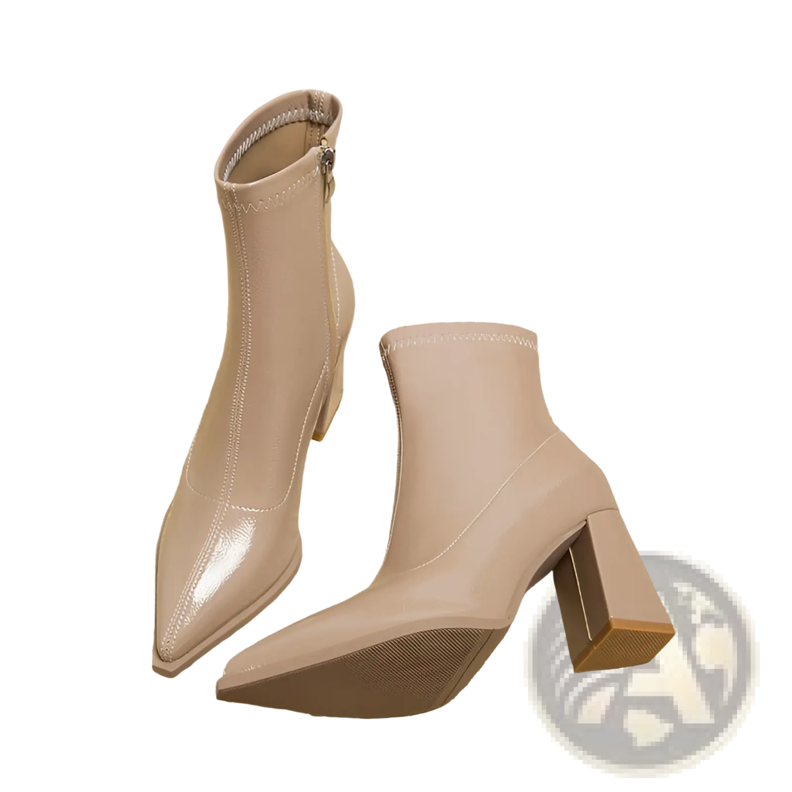 Beige patent leather ankle boots with pointed toe and block heel for stylish and comfortable wear